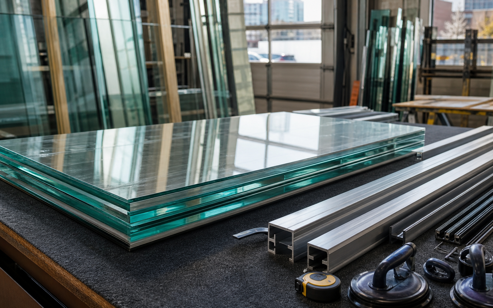 Glass sheets and shop tools on a work table